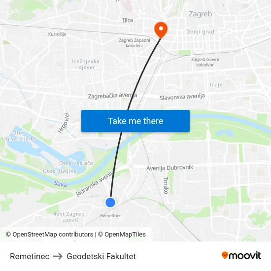Remetinec to Geodetski Fakultet map