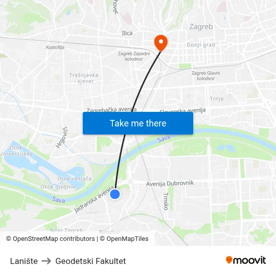 Lanište to Geodetski Fakultet map