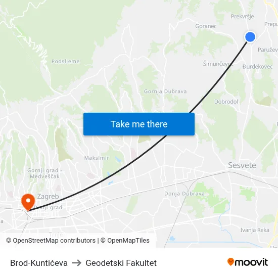 Brod-Kuntićeva to Geodetski Fakultet map