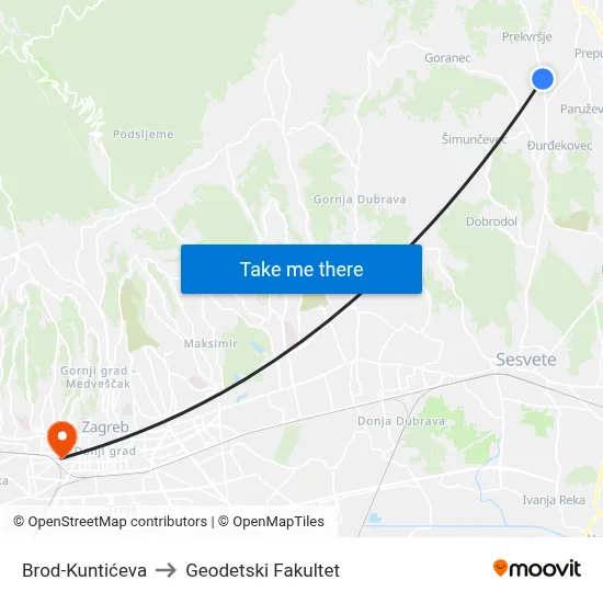 Brod-Kuntićeva to Geodetski Fakultet map