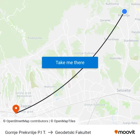 Gornje Prekvršje P.I T. to Geodetski Fakultet map