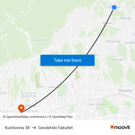 Kučilovina 38 to Geodetski Fakultet map