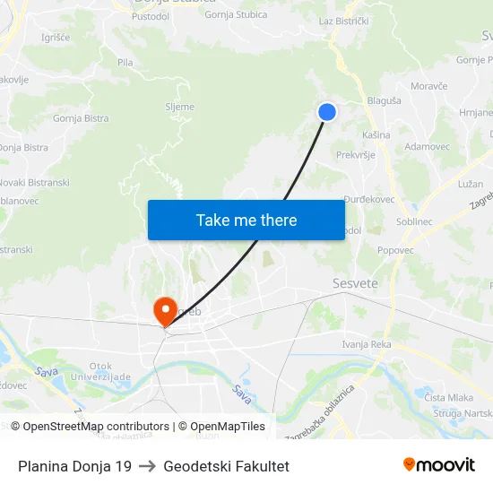 Planina Donja 19 to Geodetski Fakultet map