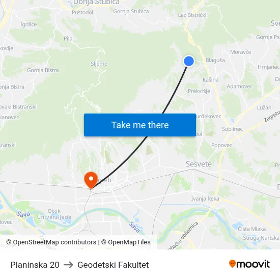 Planinska 20 to Geodetski Fakultet map