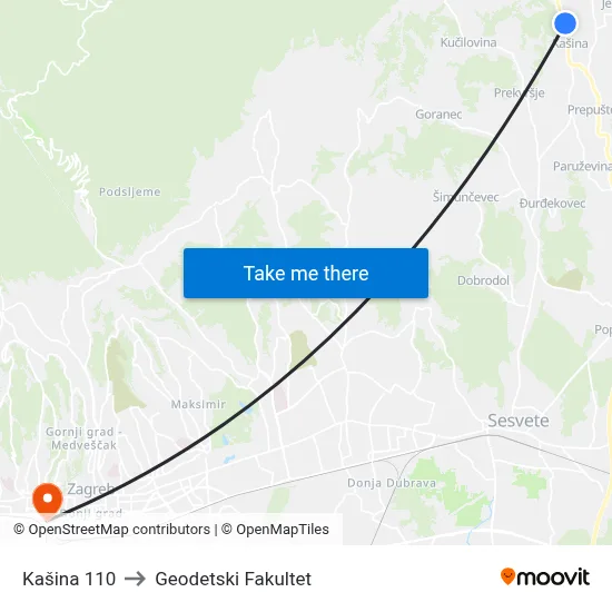 Kašina 110 to Geodetski Fakultet map