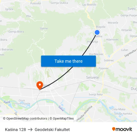 Kašina 128 to Geodetski Fakultet map