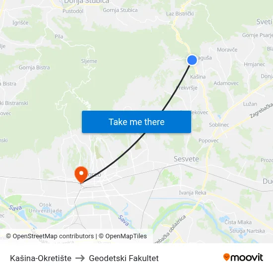 Kašina-Okretište to Geodetski Fakultet map