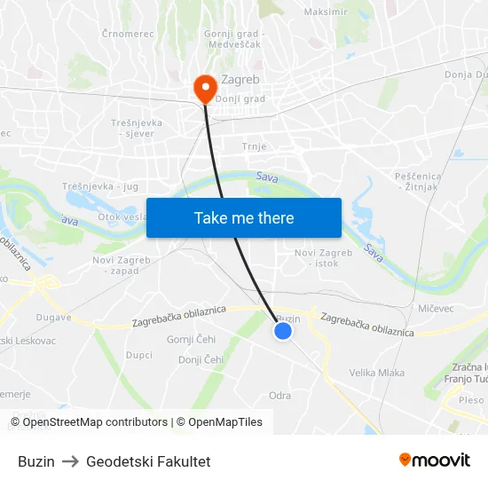 Buzin to Geodetski Fakultet map