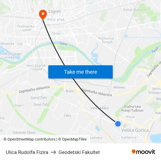 Ulica Rudolfa Fizira to Geodetski Fakultet map