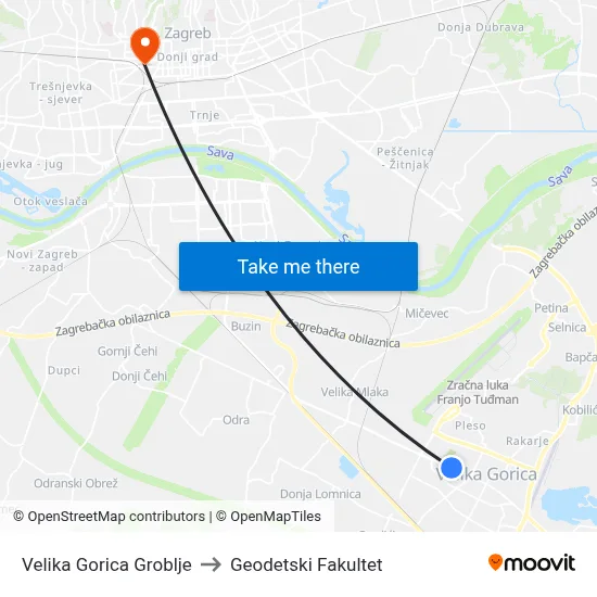 Velika Gorica Groblje to Geodetski Fakultet map