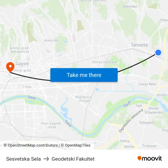 Sesvetska Sela to Geodetski Fakultet map