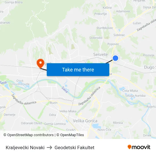 Kraljevečki Novaki to Geodetski Fakultet map