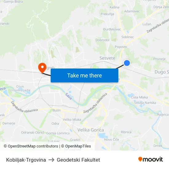 Kobiljak-Trgovina to Geodetski Fakultet map