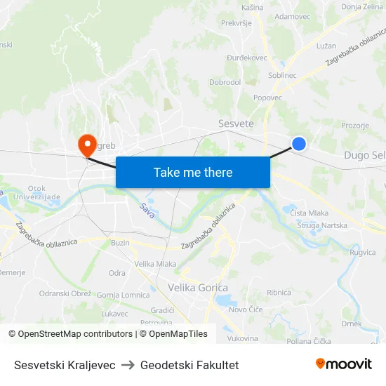 Sesvetski Kraljevec to Geodetski Fakultet map
