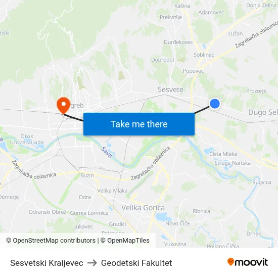 Sesvetski Kraljevec to Geodetski Fakultet map
