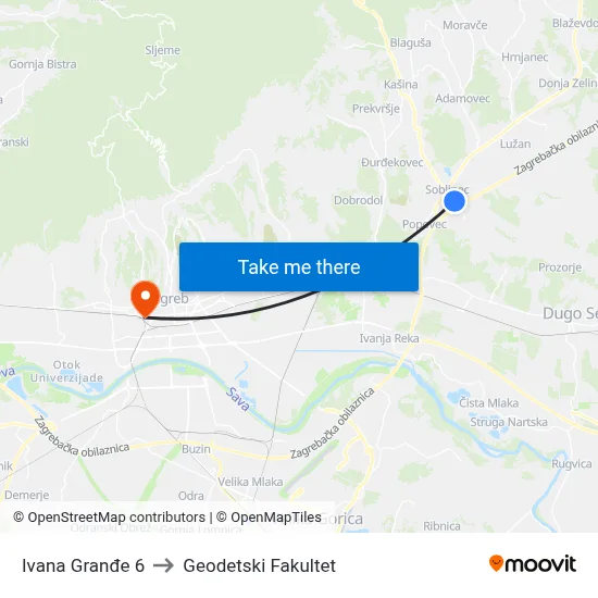 Ivana Granđe 6 to Geodetski Fakultet map