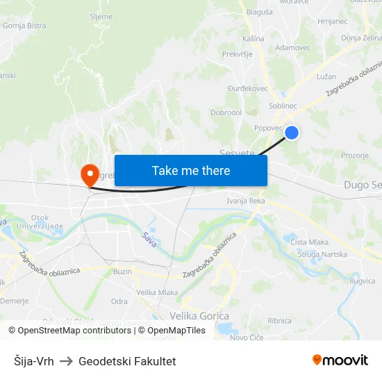 Šija-Vrh to Geodetski Fakultet map