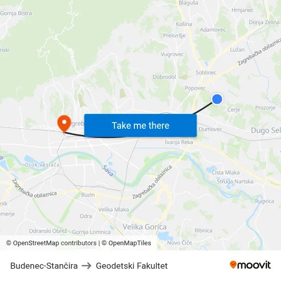 Budenec-Stančira to Geodetski Fakultet map