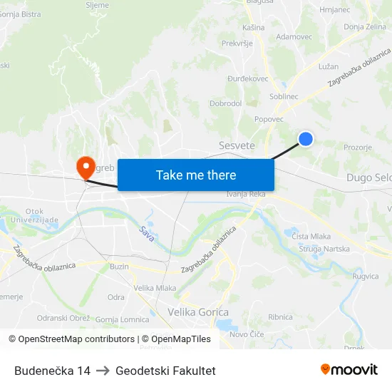 Budenečka 14 to Geodetski Fakultet map