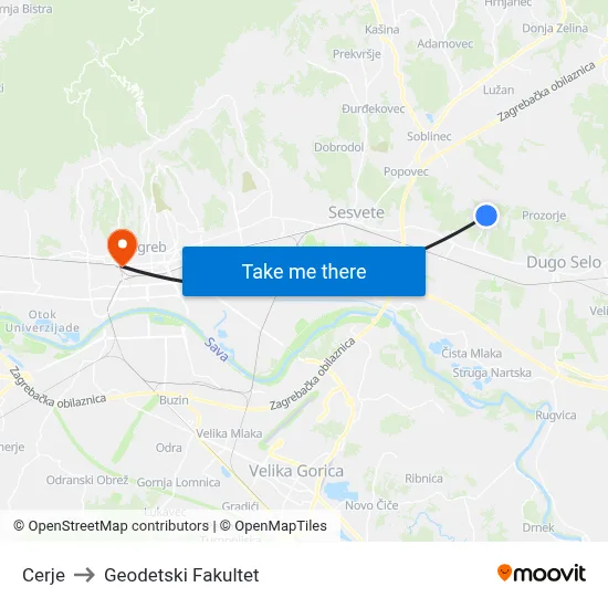 Cerje to Geodetski Fakultet map
