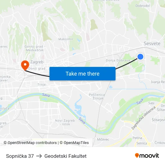 Sopnička 37 to Geodetski Fakultet map
