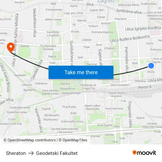 Sheraton to Geodetski Fakultet map