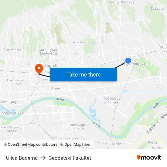 Ulica Badema to Geodetski Fakultet map