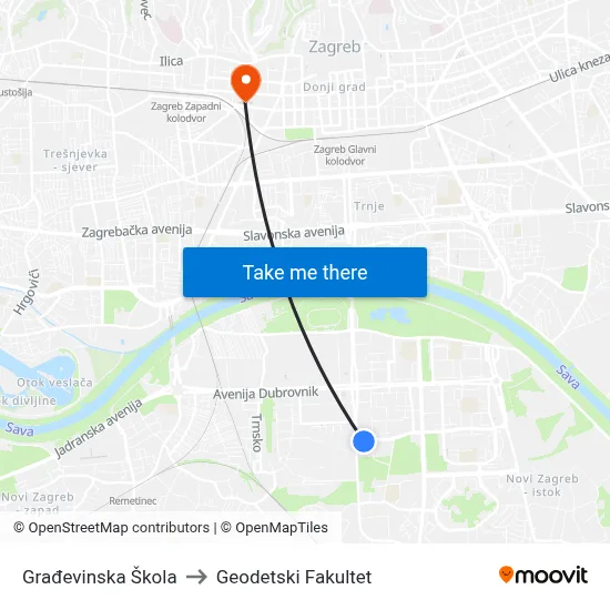 Građevinska Škola to Geodetski Fakultet map