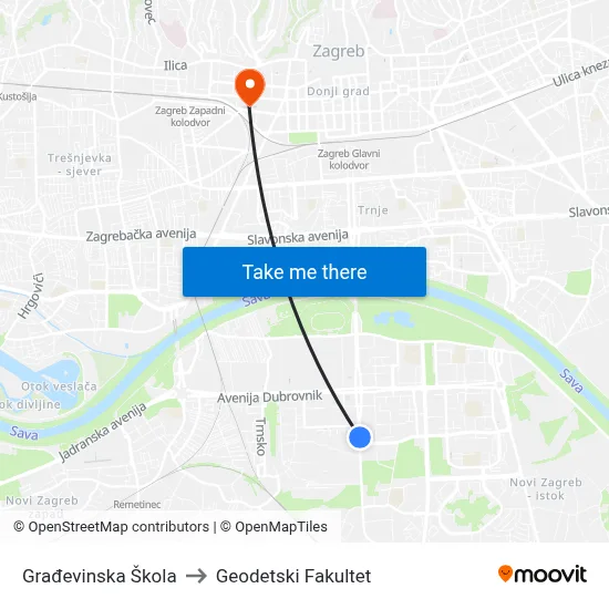 Građevinska Škola to Geodetski Fakultet map