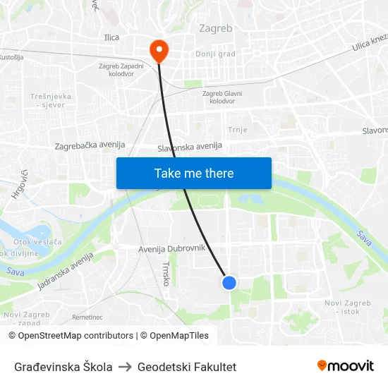 Građevinska Škola to Geodetski Fakultet map