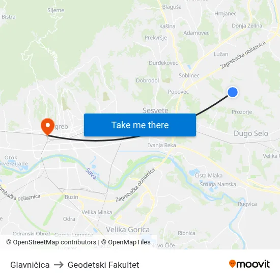 Glavničica to Geodetski Fakultet map