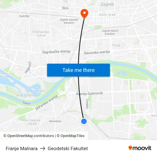Franje Malnara to Geodetski Fakultet map