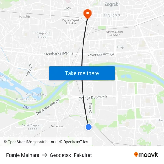 Franje Malnara to Geodetski Fakultet map