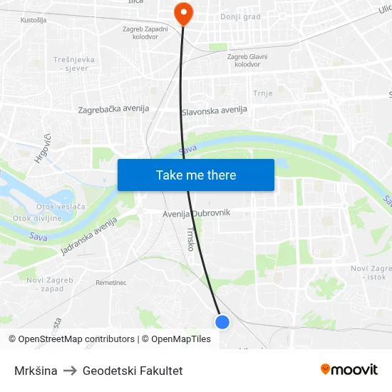 Mrkšina to Geodetski Fakultet map