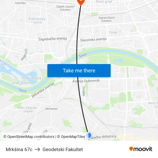Mrkšina 67c to Geodetski Fakultet map