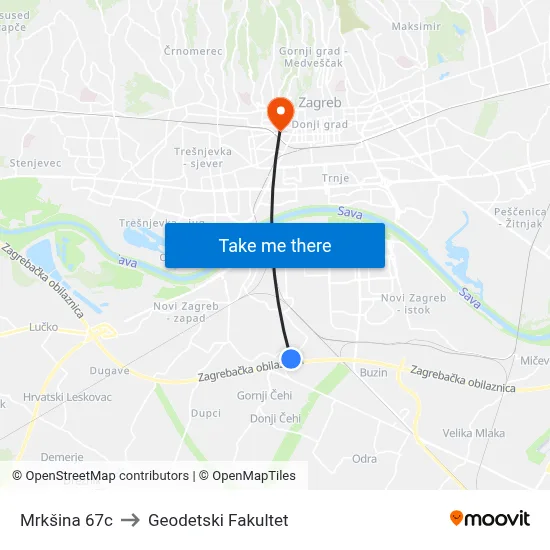 Mrkšina 67c to Geodetski Fakultet map