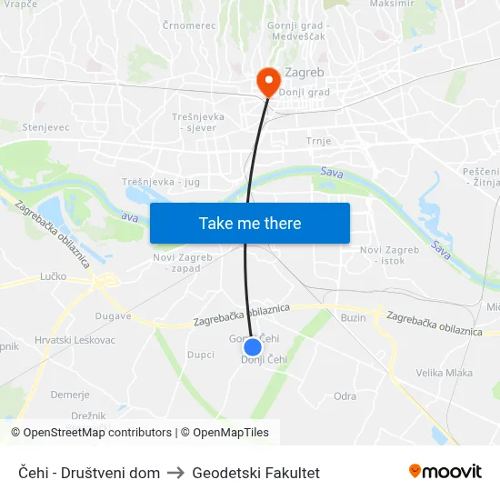 Čehi - Društveni dom to Geodetski Fakultet map