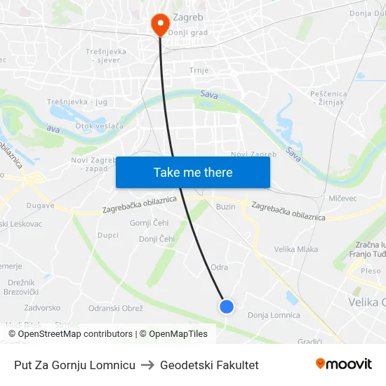 Put Za Gornju Lomnicu to Geodetski Fakultet map