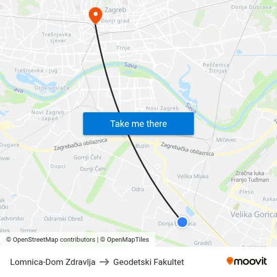 Lomnica-Dom Zdravlja to Geodetski Fakultet map
