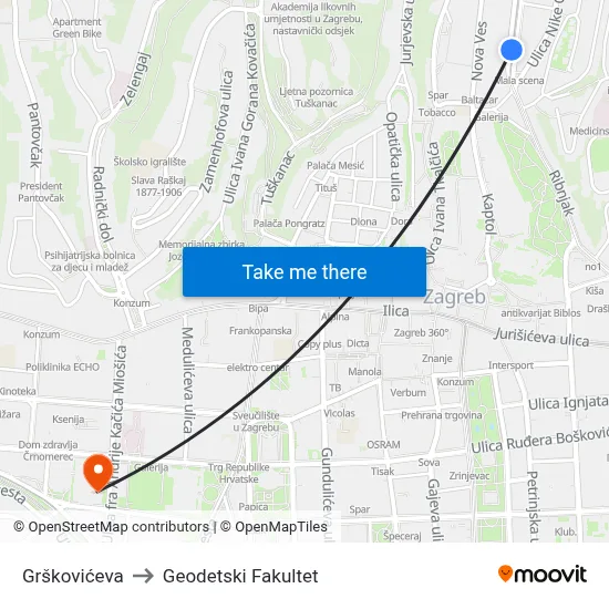 Grškovićeva to Geodetski Fakultet map