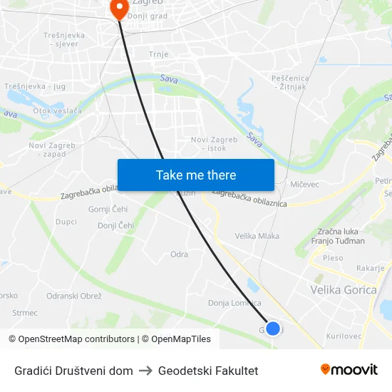 Gradići Društveni dom to Geodetski Fakultet map
