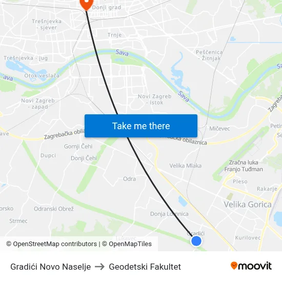 Gradići Novo Naselje to Geodetski Fakultet map