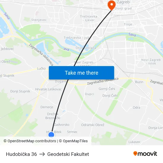 Hudobička 36 to Geodetski Fakultet map