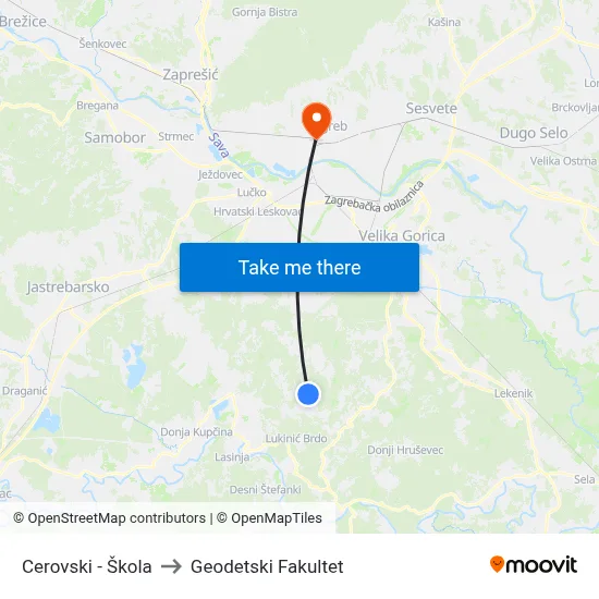 Cerovski - Škola to Geodetski Fakultet map