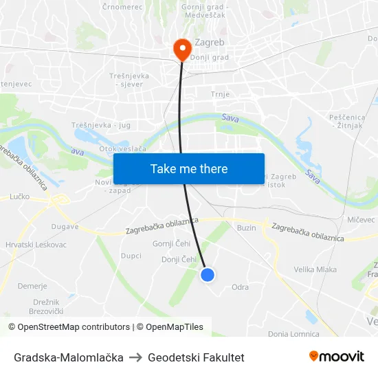 Gradska-Malomlačka to Geodetski Fakultet map