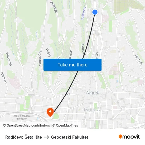 Radićevo Šetalište to Geodetski Fakultet map