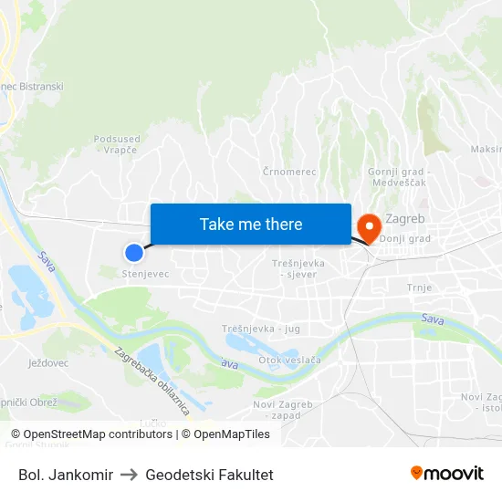 Bol. Jankomir to Geodetski Fakultet map