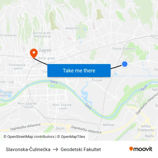 Slavonska-Čulinečka to Geodetski Fakultet map