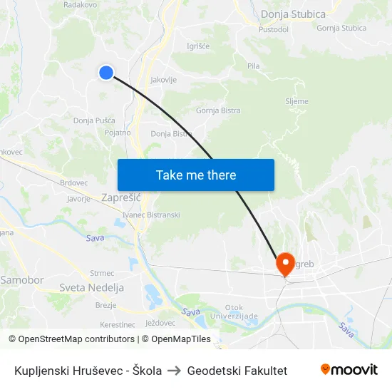 Kupljenski Hruševec - Škola to Geodetski Fakultet map
