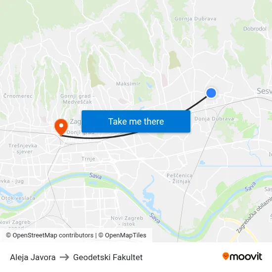 Aleja Javora to Geodetski Fakultet map